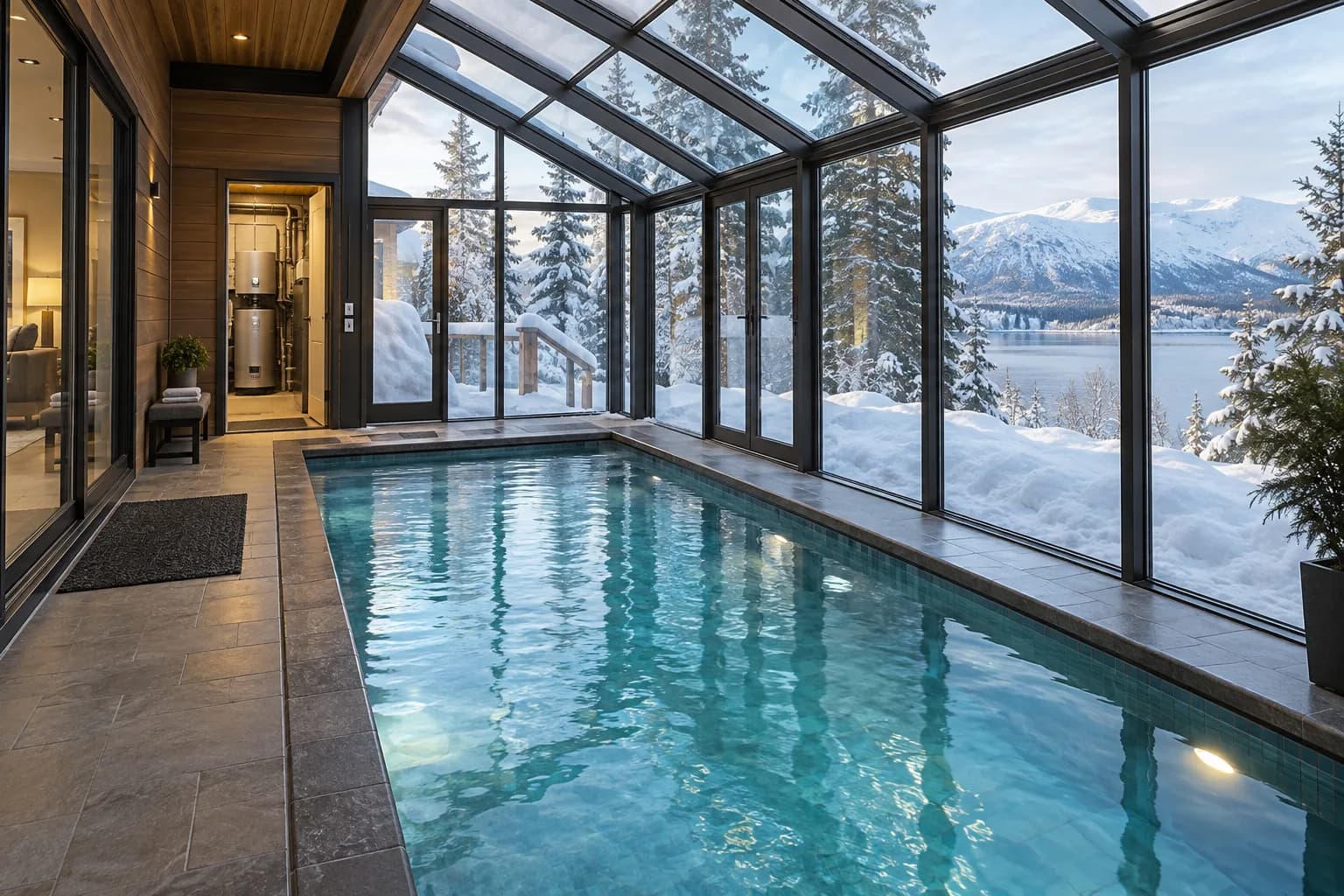 Cold-climate pool concept with a sheltered enclosure, snow-safe access, and protected equipment