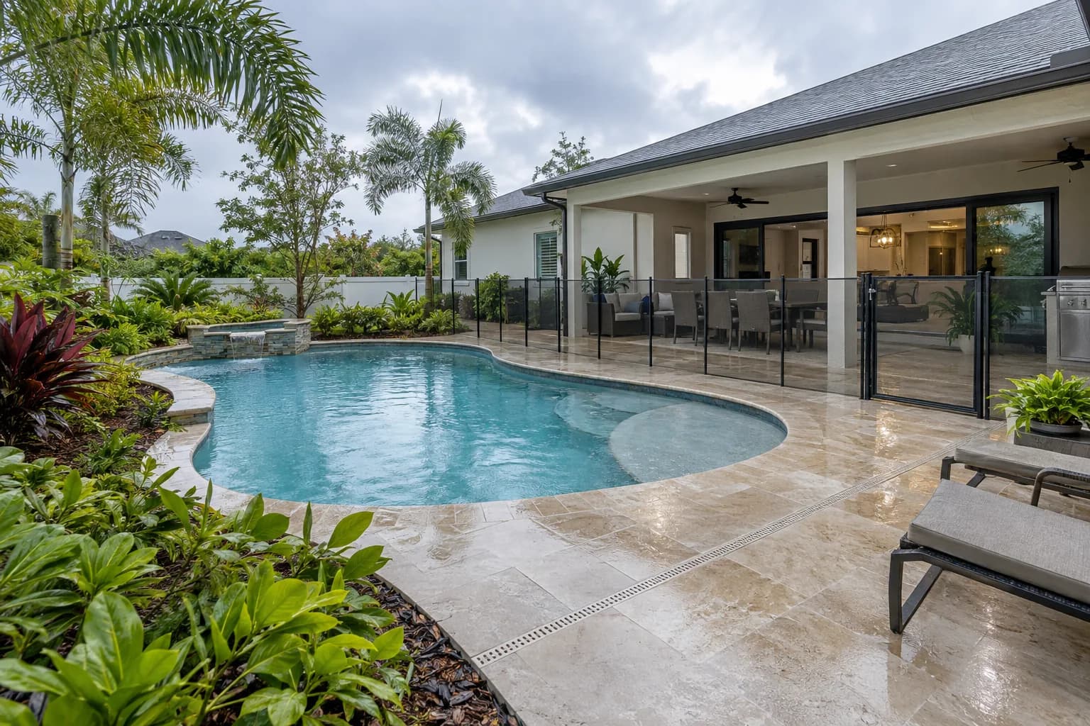 Warm-climate backyard pool concept with shade, planted edges, safety barrier, and deck drainage