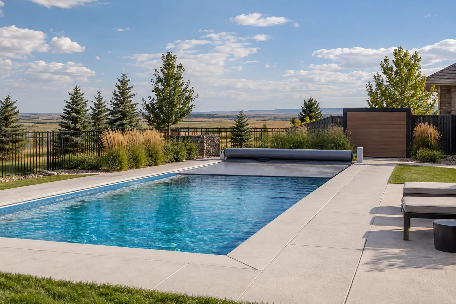 High Plains backyard pool concept with wind shelter, durable deck, cover, and open-sky landscape